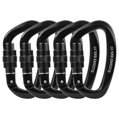 Locking Carabiner - 25kN 5600lb Climbing Carabiner Screw Gate D Shape Carabiner All Black (Pack of 5)