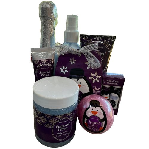 Generic Groovy 8 Piece Bath & Body Self Care Pack in Sugared Citrus Includes Bubble Bath, Shimmer Body Mist, Shimmer Body Lotion, Bath Confetti, Body Scrub, Hand Cream, Lip Balm Duo, Bath Bomb