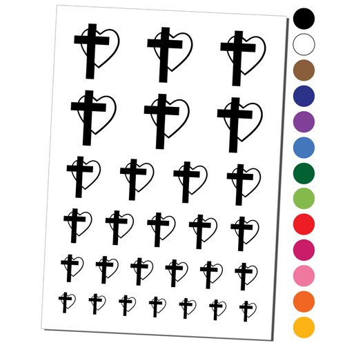 Cross and Heart Love Christian Temporary Tattoo Water Resistant Fake Body Art Set Collection - Black (One Sheet)