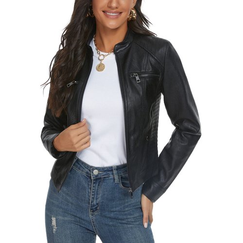 Fahsyee Faux Leather Jacket for Women, Moto Biker Slim Vegan MotorcycleZipper Coat Outwear, Black, Size L