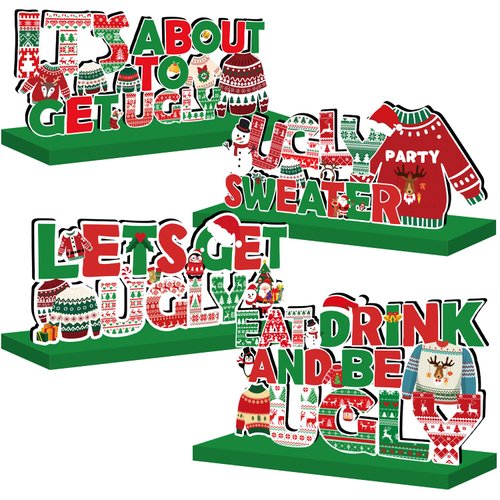 Ugly Sweater Party Supplies Christmas Wooden Table Centerpieces Cute Ugly Sweater Themed Christmas Party Decorations Green and Red Merry Christmas Wooden Sign with Elements of Ugly Sweater Pattern
