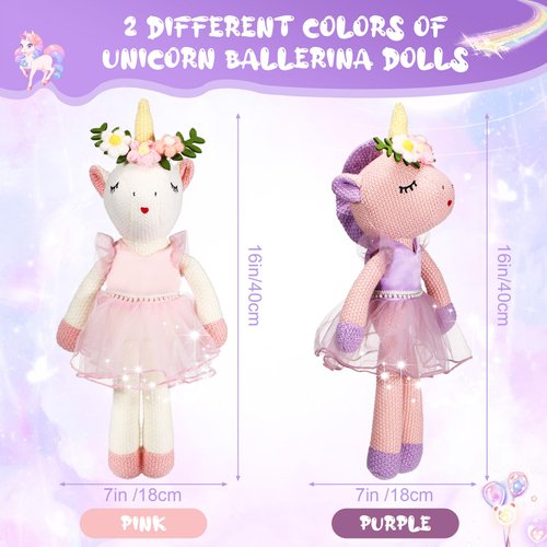 Meooeck 2 Pcs16 Inch Unicorn Stuffed Animals Plush Ballerina Doll Soft Stuffed Unicorn Cute Ballerina Toys Ballet Stuffed Animals Unicorn Toys Decorations Birthday Gift for Girls, 2 Colors