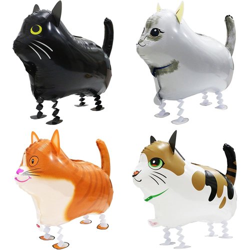 Cartoon Air Walk Cat Balloons Fun Walking Cat Animal Balloons, 4 Pack Assorted Walker Cat Foil Balloons Cute Pet Kitties Cat Themed Party Supplies Kids Boys Girls Birthday Decoration