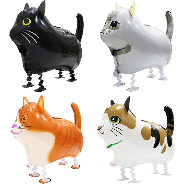 Cartoon Air Walk Cat Balloons Fun Walking Cat Animal Balloons, 4 Pack Assorted Walker Cat Foil Balloons Cute Pet Kitties Cat Themed Party Supplies Kids Boys Girls Birthday Decoration