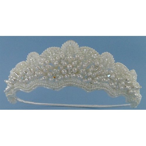 Elegant Pearly Bridal Crown Adorned with Bugle Beads and Accented with A.B. (Iridescent) Crystal Beads for Wedding, Prom, Quinceañera or Other Special Events #88DD (IVORY)