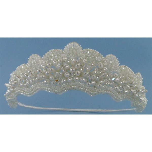 Elegant Pearly Bridal Crown Adorned with Bugle Beads and Accented with A.B. (Iridescent) Crystal Beads for Wedding, Prom, Quinceañera or Other Special Events #88DD (IVORY)