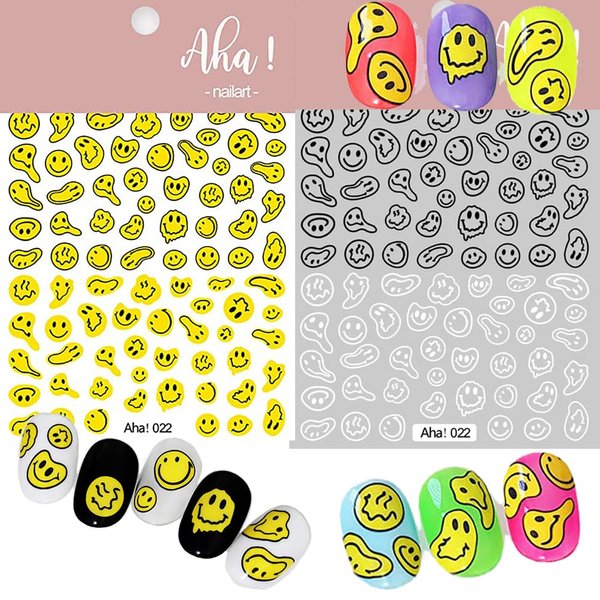 Smiling Face Nail Art Stickers 3D Nail Decals Cute Self-Adhesive Nail Stickers Yellow Black and White Twisted Smiling Face Nail Supplies for Women Girls Kids Nail Decorations
