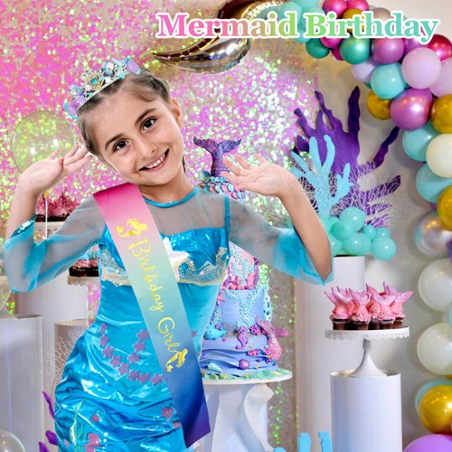 CIEHER Mermaid Birthday Decorations, Mermaid Crown and Birthday Sash for Girls Mermaid Headband Girls Seashell Crown for little Mermaid Party Decorations