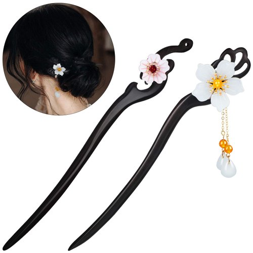 2 Pcs Chinese Hair Sticks Flower Retro Hair Stick Pin,wooden Hair Chopsticks with Tassel Handmade Hairpin for Women, Hanfu Dressing Accessories