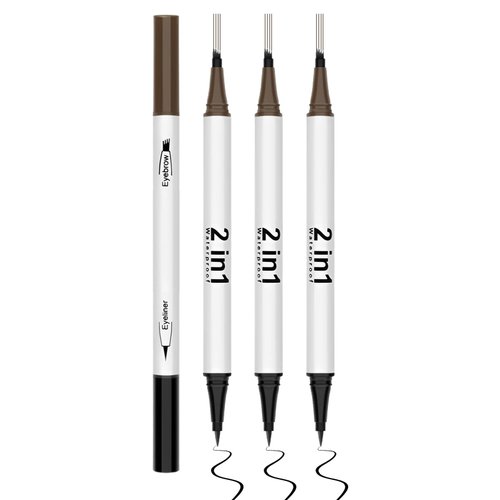 CAHIUYOA 3PCS Microblading Eyebrow Pen Waterproof Eyebrow Pencil 2 in 1 Dual-Ended Eyeliner Pen and 4-Fork-Tip Eye Brow Pencils for Women Create Natural Brows Makeup - 02 Dark Brown