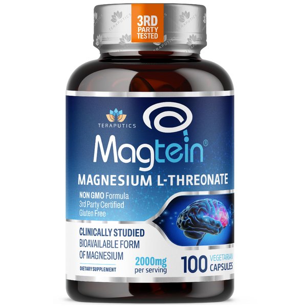 Magnesium L Threonate, Magtein™, Brain Supplement for Memory, Focus, Sleep and Cognitive Support, High Absorption Magnesium L-Threonate, Non-GMO, No Laxative Effect – 2000 mg, 100 Vegan Capsules