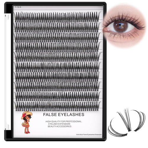 Bodermincer 400pcs D Curl Lash Clusters 8-10-12-14mm/10-12-14-16mm MIX Fish Tail Lash Cluster Premade Volume Lash Fans Volume Lashes Knotted (Black 12mm)