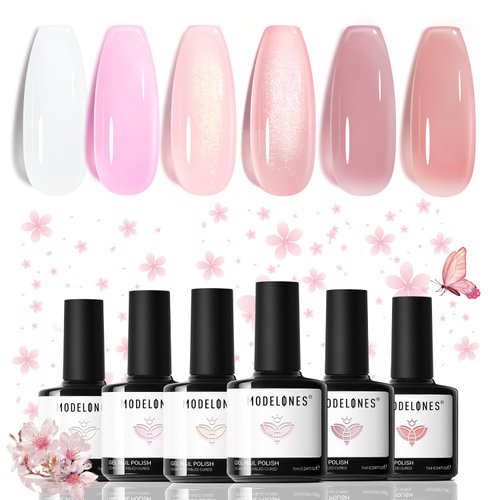 modelones Gel Nail Polish Set, 6 Colors Nude Pink Jelly Gel Polish Milky White Neutral Nail Gel P...