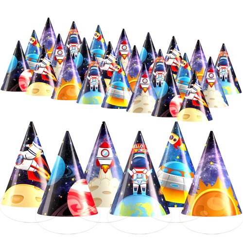 Jetec 30 Pcs Kids Outer Space Birthday Party Hats Cone for Space Themed Parties and Events, Cardstock, 20 cm/ 7.87 inch High, 15 cm/ 5.91 inch Diameter