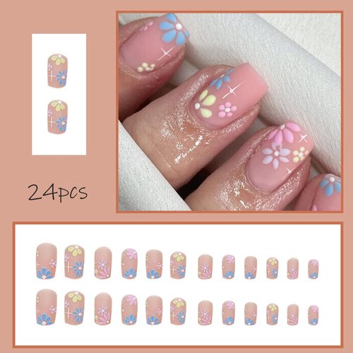 Press on Nails Short Colourful Flower Designs Square Fake Nails Nude Glossy Full Cover Glue on Nails Fashion Stick on Nails Cute Daisy False Nails Spring Summer for Women and Girls 24 Pcs