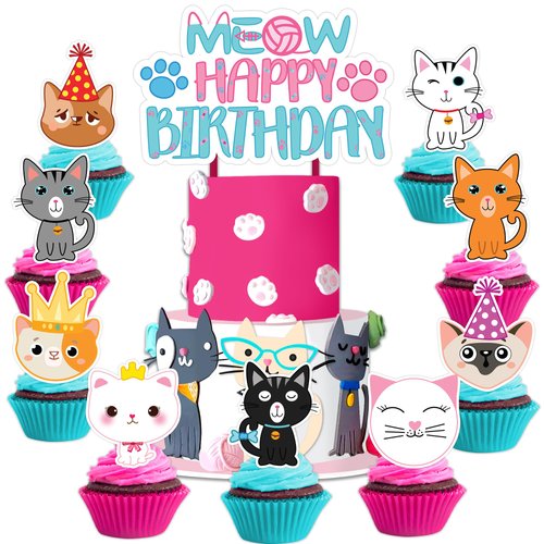 25PCS Cute Cat Cats Themed Birthday Cake Topper Cupcake Toppers Party Supplies Decorations Favors Decor Gifts for Girls Boys Kids Teen Games Baby Shower School Rewards Carnival Wedding Theme Halloween
