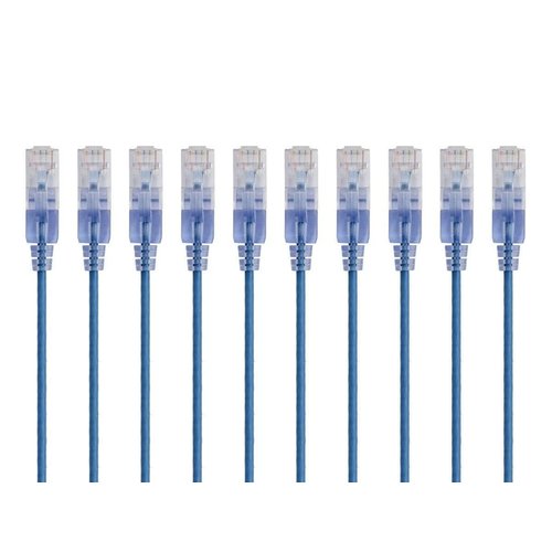 Monoprice Cat6A Ethernet Patch Cable - Snagless RJ45, 550Mhz, 10G, UTP, Pure Bare Copper Wire, 30AWG, 10-Pack, 1 Feet, Blue - SlimRun Series