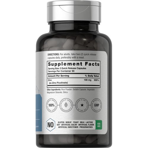 Horbäach Zinc Picolinate 100mg | 180 Capsules | High Potency | Non-GMO, Gluten Free | Zinc Supplement