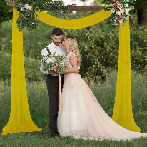 FUHSY Wedding Arch Draping Fabric Gold 20FT 2 Panels Chiffon Fabric Drapery Gold Backdrop Curtain Wedding Arch Drapes Sheer Curtains Wedding Backdrop for Reception Chiffon Party Ceiling for Ceremony