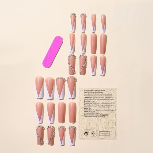 AkiliBIELY Square Press on Nails Medium Long French Tip White Pink Bare Fake Nails Ballerina Glue on Nails Acrylic Gel Stick on Nails For Women False Nails Glitter Rhinestone Wedding Birthday