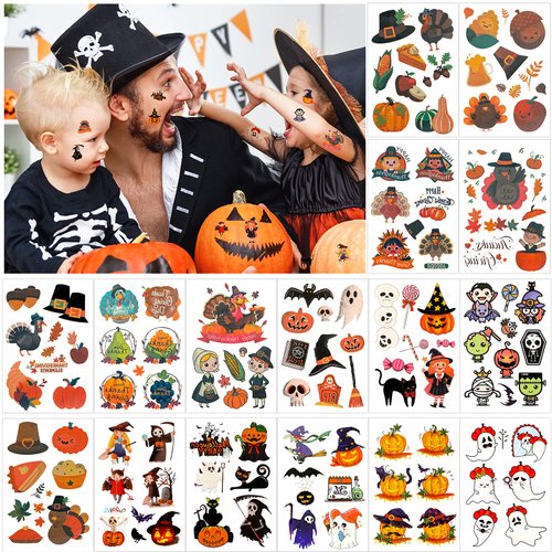Konsait Halloween Temporary Tattoos for Kids, 16 Sheets Assorted Fake Tattoo Stickers for Boys Girls, Pumpkin Ghost Turkey Harvest Fall Temporary Tattoo for Halloween Thanksgiving Party Decorations