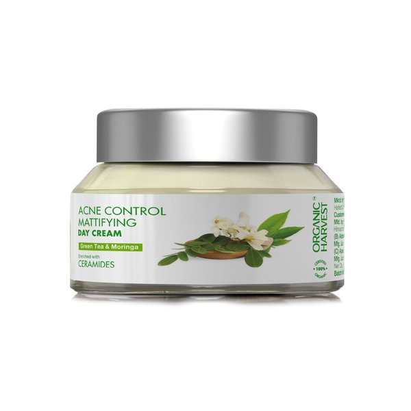 Organic Harvest Acne Control Mattifying Day Cream: Green Tea & Moringa | For Men & Women | For Acne-prone Skin | Fights Pimples & Acne | 100% American Certified Organic | Sulphate & Paraben-free - 50g