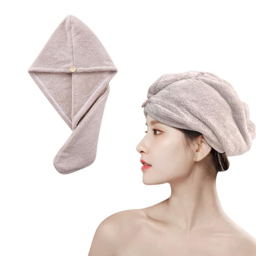 wetore 1 Pack Microfiber Hair Towel,Quick Dry Head Wraps Hair Towel Turban Wrap for Women Kids,25.6x9.8 Inch Super Absorbent Fast Hair Drying Towel with Button for Wet Curly Hair(Khaki)