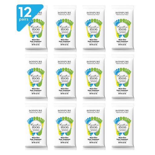 Bodipure All-In-1 Moisturizing Foot Mask | Keratin & Vitamin E Foot Mask for Dry Cracked Feet, Callus & Heel Softening | Easy-to-Use Pedicure Foot Repair | Chemical-free Feet Treatment | 12 Pairs