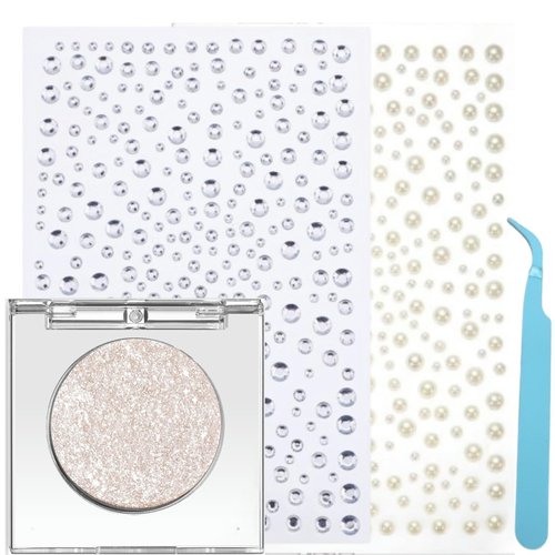 Okerker Shimmer Glitter Eyeshadow Palette, Diamond & Pearl Face Stickers Set with Tweezer, Ultra-Blendable Metallic Pigmented Eye Shadow, Stickers for Face, Hair, Eyes, and Body