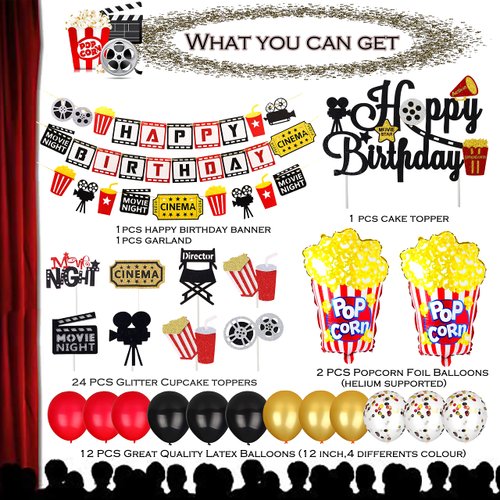 Movie Birthday Party Decoration Kit Happy Birthday Banner Movie Theme Garland Cake Cupcake Toppers Balloons for Movie Night Party Supplies