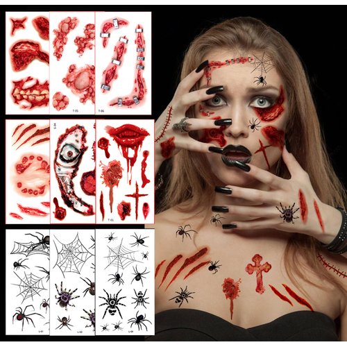 30 Sheets Fake Tattoos Halloween Temporary Tattoos Fake Temporary Zombie Tattoos+Spider Temporary Tattoo, Halloween Zombie Makeup Long Lasting Temporary Tattoos