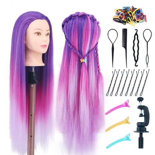 Mannequin Head with Hair, 29'' Manikin Head with hair Cosmetology Mannequin Head for Hair Styles Hairdressing Practice Training Doll Heads with Clamp Holder and Braiding Kit (Mixed Purple)