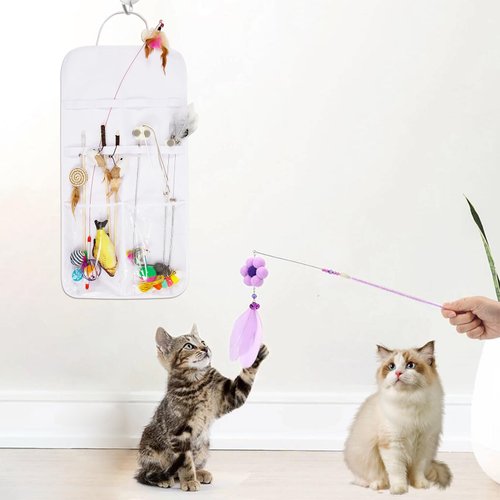 Cat Wand Toy Storage Hanging Bag, Cat Teaser Wand Holder, Cat Toy Organizer for Indoor Cats Toys Storage and Cat Safety (White)