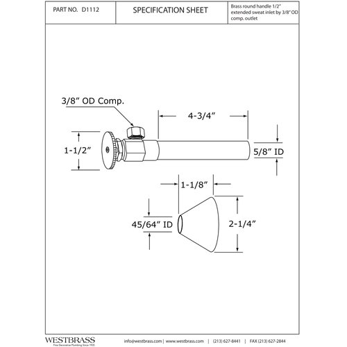 Westbrass D1112-07 Round Handle Angle Stop Shut Off Valve, 1/2" Copper Sweat x 3/8" OD Compression Outlet, Satin Nickel