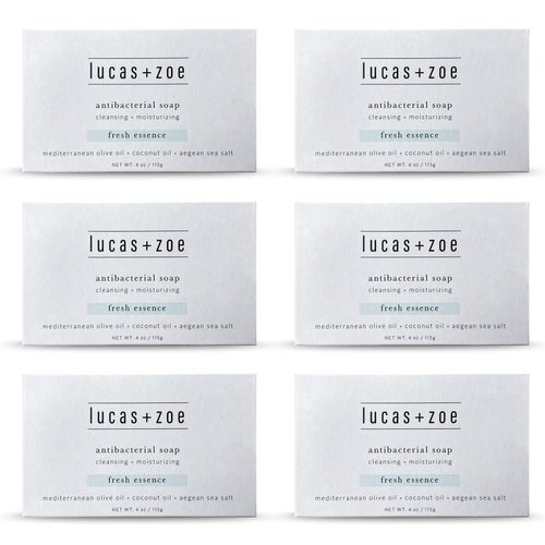 Lucas + Zoe Fresh Essence Antiseptic Bar Soap - 4 Ounce Moisturizing Body Soap Bar Made With Natural Ingredients Like Mediterranean Olive Oil, Coconut Oil, & Aegean Sea Salt - Made In Greece - 6 Pack