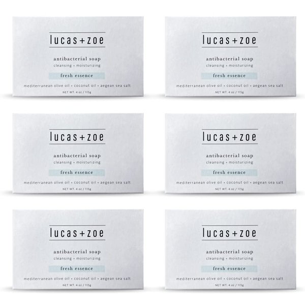Lucas + Zoe Fresh Essence Antiseptic Bar Soap - 4 Ounce Moisturizing Body Soap Bar Made With Natural Ingredients Like Mediterranean Olive Oil, Coconut Oil, & Aegean Sea Salt - Made In Greece - 6 Pack