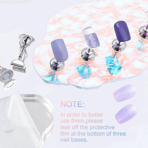 Corconess Press On Nail Stand Set - 2 Pcs Aurora Arcrylic Nail Holder for Painting Nails With A Mini Clear Nail Stand Base, Two Color Metal Nail Holders,Reusable Sticky Putty For Nail Art & Display