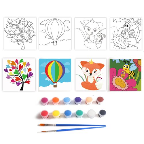 Aosemili Acrylic Paint Set for Kids - 4 Pre-Stenciled Painting Canvas Panels 8 x 8 inches with 12 Paints 2 Brushes for Girls Boys and Beginners