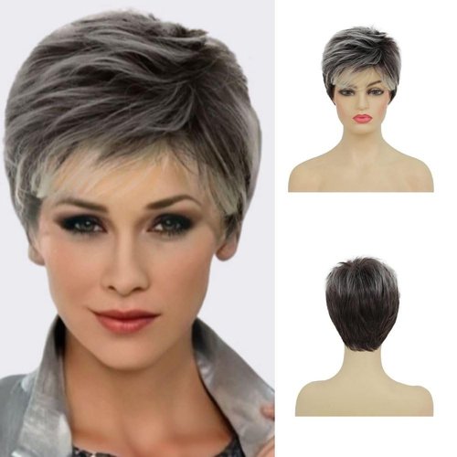 Kaneles Short Grey Pixie Cut Wigs for Women Layered Soft Fluffy Old Lady Synthetic Wigs for Daily Party Costume Use（Gray Mix Brown）
