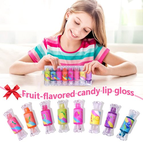 Mebtmel Cute Lip Gloss for Kids, 6PCS Glitter Girls Lip Gloss Set with Shape of Candy, Assorted Flavors Hydrating Lip Balm Party Favor Make-up for Girls and Teens Ages 8-12