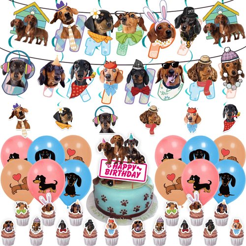 ADIANZI Dachshund Party Decorations Funny Dachshund Birthday Banner Hanging Swirls Dachshund Birthday Party Cake Topper Balloons Cupcake Toppers Dachshund Party Supplies With Different Dog Faces