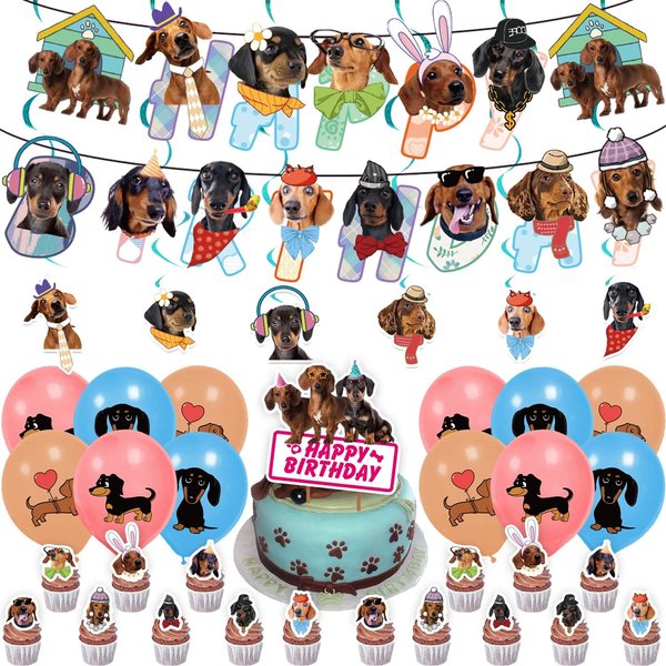 ADIANZI Dachshund Party Decorations Funny Dachshund Birthday Banner Hanging Swirls Dachshund Birthday Party Cake Topper Balloons Cupcake Toppers Dachshund Party Supplies With Different Dog Faces