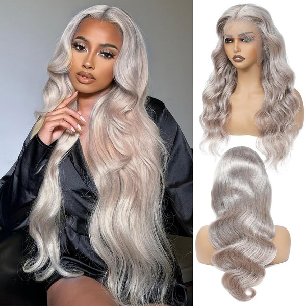 Pisenor 13x4 Grey Lace Front Wig Human Hair Body Wave Lace Frontal Wigs Human Hair HD 180% Density Transparent With Baby Hair Natural Hairline Pre Plucked Lace Front wigs Human Hair (22 inch)