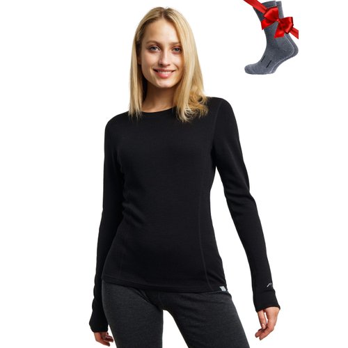 Merino.tech Merino Wool Base Layer Women 100% Merino Wool Midweight Long Sleeve Thermal Shirts + Wool Socks (Small, Black 250)