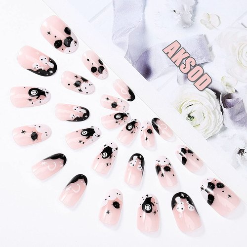 Aksod Ghost Press on Nails Short Glossy Virus Fake Nails Almond Cartoon Designed False Nails Tips Full Cover Cute Halloween Easter Festival Artificial Nails Sets for Women and Gilrs 24Pcs (Style G)