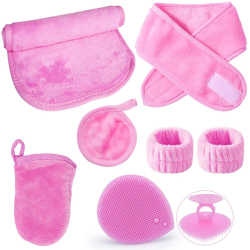 7PCS Face Makeup Remover Cloths Facial Deep Cleansing Towel Silicone Brush Exfoliating Mat Scrubber Pads Wrist Spa Hair Head Band Scrub Wristbands Exfoliator Sweatband Sport Yoga Terry Stretch