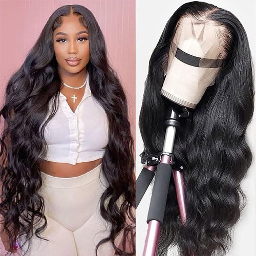 13x4 Body Wave Lace Front Wigs Human Hair Pre Plucked 250% Density HD Transparent Lace Frontal Wigs Human Hair Body Wave with Baby Hair Glueless Human Hair Wigs for Black Women Natural Color 24 inch