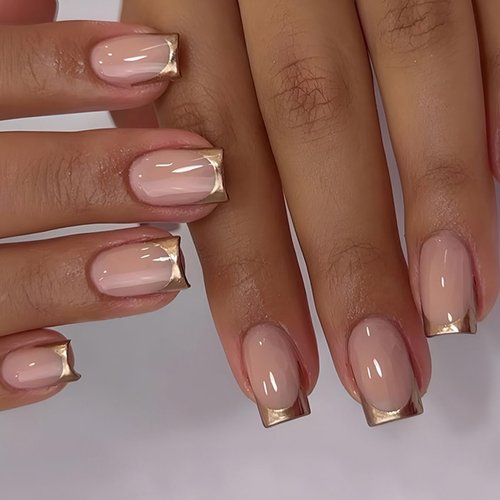 24 Pcs Nude Pink Press on Nails Short Square - SHANRUN Gold French Cute Fake Nails Press ons Nail...