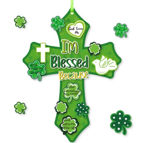 Haooryx 28 Pack St.Patrick's Day Blessings Cross Craft Kit Make Your Own Blessings Thankful Cross Hanging Ornaments Shamrocks DIY Craft Church Christian Sunday School St. Patrick's Day Party Supply