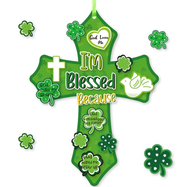 Haooryx 28 Pack St.Patrick's Day Blessings Cross Craft Kit Make Your Own Blessings Thankful Cross Hanging Ornaments Shamrocks DIY Craft Church Christian Sunday School St. Patrick's Day Party Supply
